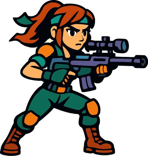 sniper girl hero.
In-Game asset.  2d.  High contrast.  No shadows