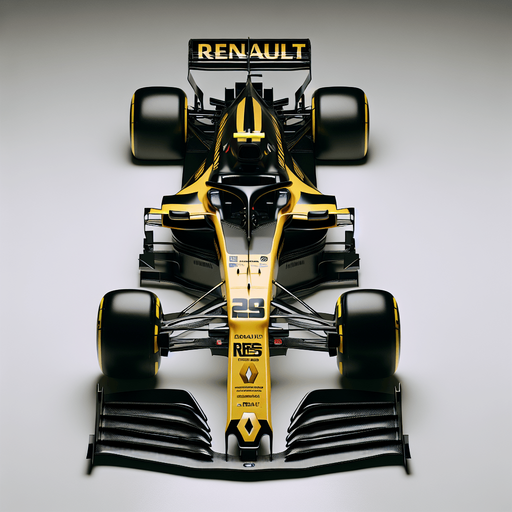 Photorealistic F1 Renault race car. TOP VIEW.
Shiny black body with shiny yellow nose. 
Replace every ,,RENAULT" texts to ,,RENAIULT".
Yellow rear wing. Black ,,RENAIULT" text and logo on nose with black racenumber.