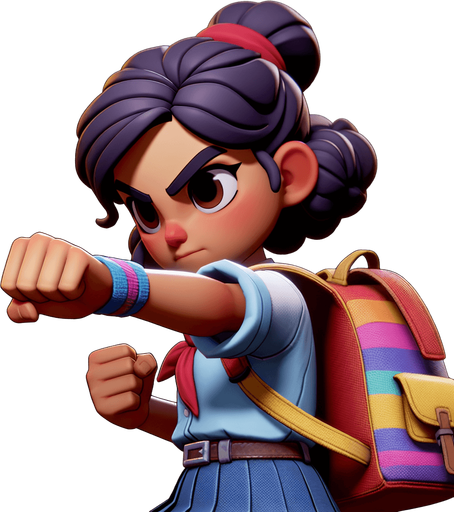 A school kid ready to punch.
Single Game Texture.  In-Game asset.  2d.  Blank background.  High contrast.  No shadows