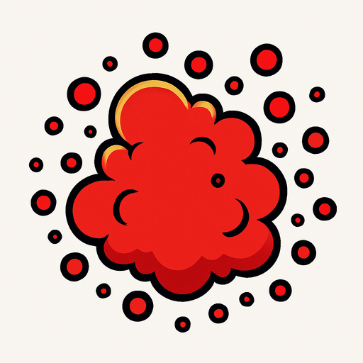 Red particle cloud. Cartoon. Bright outline. Single Game Texture. In-Game asset. 2d. Blank background. High contrast. No shadows.