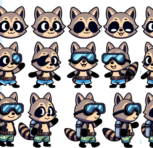 A spritesheet with a number of poses of a cartoonish raccon cub in scuba gear, smiling, walking, waiting, standing, ordering, turning, etc. all seen from the side.The spritesheet should be laid out in a rectangular grid with clear space between each individual sprite. Each sprite in the sheet should be around 300x600 pixels in size..
Single Game Texture. In-Game asset. 2d. Blank background. High contrast. No shadows.