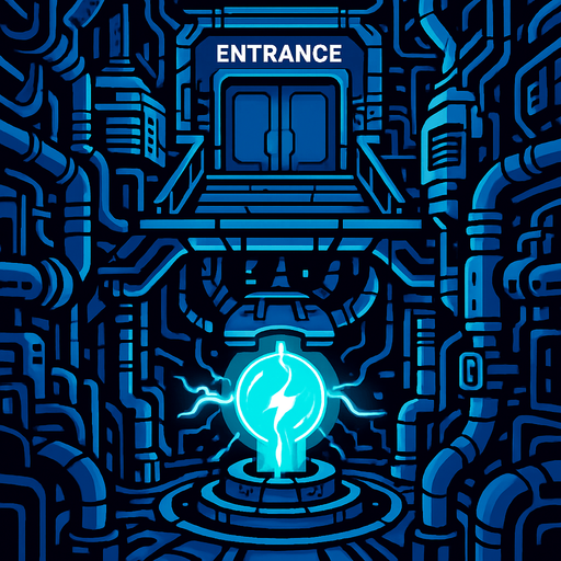 fondo de una fabrica de electricidad tecnologica futurista con muchos detalles en la cual en la parte superior esta la entrada y en la parte inferior esta el nucleo de la fabrica.
In-Game asset.  2d.  High contrast.  No shadows