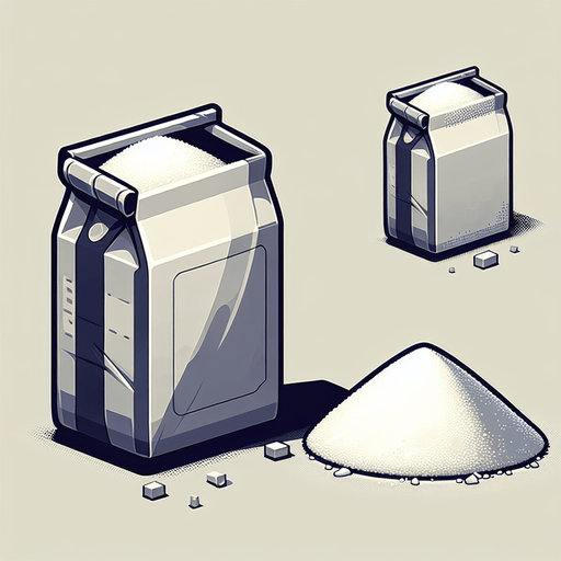 A bag of white sugar, open and with a pile of the sugar in front of it..
Single Game Texture. In-Game asset. 2d. Blank background. High contrast. No shadows.