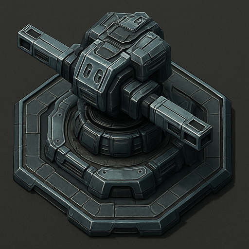 Namlusu olmayan, Teknolojik askeri kule, üstten görünüm, gerçekçi, yazısız.
In-Game asset.  High contrast.  No shadows