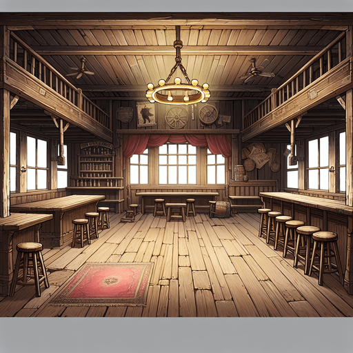 empty western saloon, just the floor, ceiling and walls..
Single Game Texture. In-Game asset. 2d. Blank background. High contrast. No shadows.