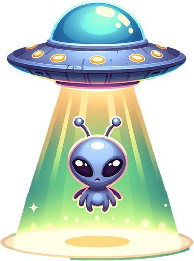 A small curious alien in a ufo..
Single Game Texture. In-Game asset. 2d. Blank background. High contrast. No shadows.