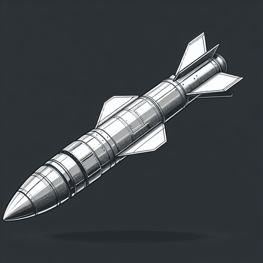 Missile seen from the side.
Single Game Texture.  In-Game asset.  2d.  Blank background.  High contrast.  No shadows