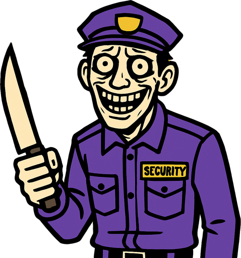 a madman wearing a purple security suit. He looks frightening, you can tell he's crazy by the glazed look in his eyes. he's just smiling with a knife in his hand, but in the glazed look in his eyes there's a little cry for help.
In-Game asset.  2d.  High contrast.  No shadows