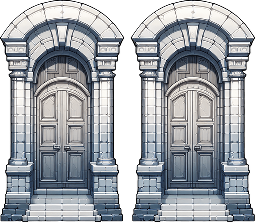 Two doorways.
Single Game Texture.  In-Game asset.  2d.  Blank background.  High contrast.  No shadows