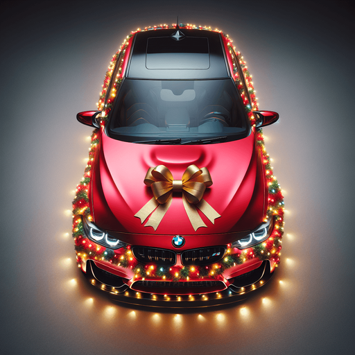 Photorealistic red BMW M3 Wrapped with Christmas lights that light up in various colors, little golden bow on hood, top view