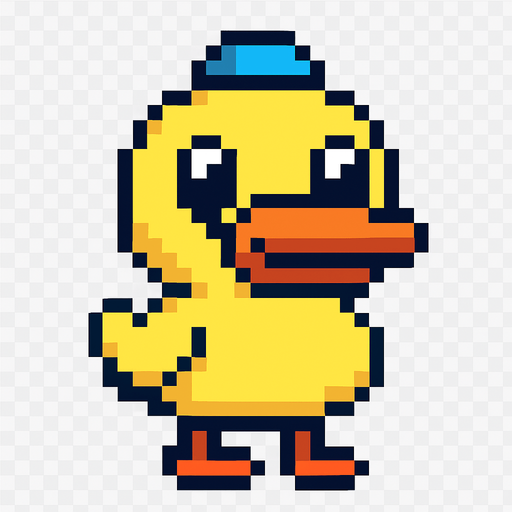 El pato debe ser un personaje simpático y reconocible en estilo pixel art, con cuerpo amarillo redondeado, pico naranja ancho y ojos grandes y amigables; debe estar de pie sobre dos patas naranjas, con pequeñas alas a los costados, y puede tener una expresión alegre o curiosa; su diseño debe ser simple pero encantador, con animación sutil como un leve balanceo, parpadeo o aleteo, y fondo transparente; opcionalmente puede llevar un gorrito, flotador o bufanda para agregar personalidad, siendo perfecto para un juego casual, infantil o humorístico..
In-Game asset.  2d.  High contrast.  No shadows