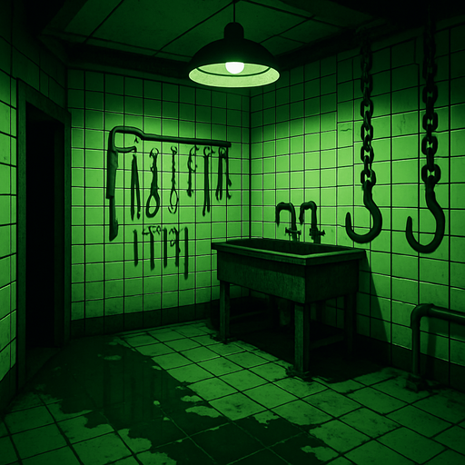 3D green horror torturing room from saw movie without chair.
In-Game asset.  High contrast.  No shadows. 3D