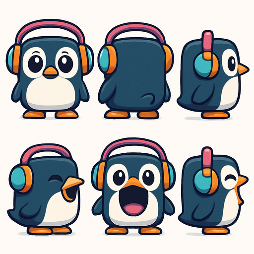 Create a character sprite sheet for a 2D mobile game. The subject is a cubical cute, chubby penguin character with large, expressive eyes, wearing oversized, colorful headphones. The art style should be clean vector art with bold outlines and simple, vibrant cel shading. The sheet must be on a plain white background with each sprite clearly separated. Include the following 6 full-body sprites in an orthographic, non-perspective view:
Idle stance, facing front.
Idle stance, facing back.
Idle stance, left side view. Idle stance, right side view.
Mouth wide open (as if eating), facing front.
Mouth wide open, left side view.