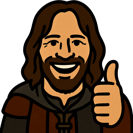 Tamamen aynı sanatsal formda ama parmağını yukarı kaldırıp gülen ARAGORN olacak