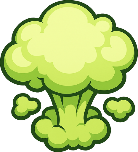 Top-down view of a cartoon-style fart cloud shaped like a small nuclear explosion, soft puffy smoke, exaggerated mushroom shape, playful and funny, light greenish tint, stylized for a colorful top-down mobile game, clear outline, transparent background.
In-Game asset.  2d.  High contrast.  No shadows