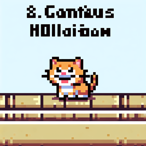 8-bit. Cartoon. Funny. Stray cat. In game asset. No background. No shadow. High quality. Single Game Texture. In-Game asset. 2d. Blank background. High contrast. No shadows.
