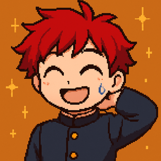 A kawaii anime boy scratches the back of his neck while laughing with his eyes closed, as a bead of sweat runs down his cheek