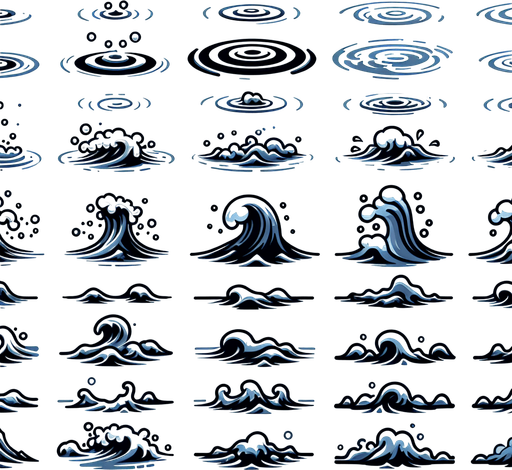 A sprite sheet of different water ripples.
Single Game Texture. In-Game asset. 2d. Blank background. High contrast. No shadows.