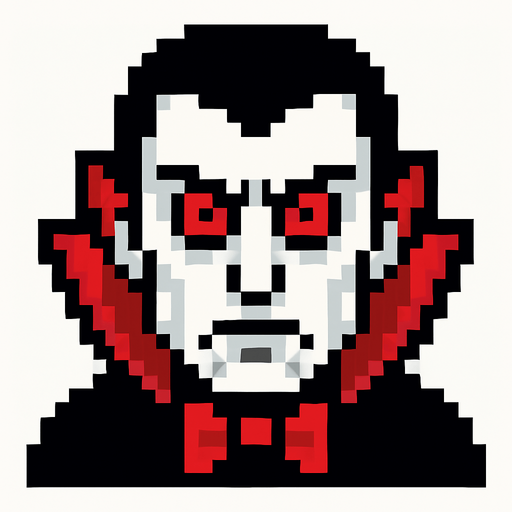 make pixel red eye dracula.
In-Game asset.  2d.  High contrast.  No shadows
