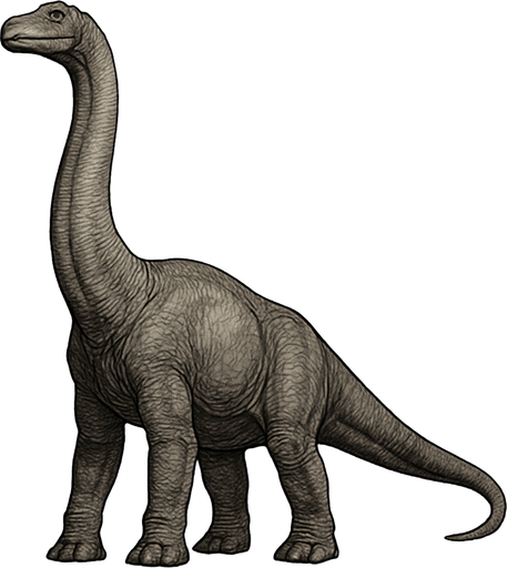 A realistic Brachiosaurus dinosaur standing tall on a transparent background. It has a long neck raised high, with a relatively small head featuring gentle eyes and a rounded snout. The body is massive and bulky, covered with textured grayish-brown scales showing subtle wrinkles and muscle definition. Its front legs are noticeably longer than the hind legs, giving it a distinctive sloping back. The tail is thick and extends straight behind. The skin texture is rough with detailed scales, emphasizing the dinosaur’s grandeur and calm nature..
In-Game asset.  2d.  High contrast.  No shadows