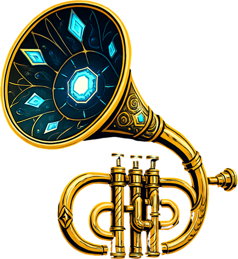 Una trompeta de proporciones colosales, con una campana que se abre como un altavoz parabólico gigante. Su superficie podría ser de un metal brillante y pulido, con intrincados grabados o incrustaciones de cristales resonantes que brillan intensamente. Podría tener un sistema de lentes o emisores de energía en su boca..
In-Game asset.  2d.  High contrast.  No shadows