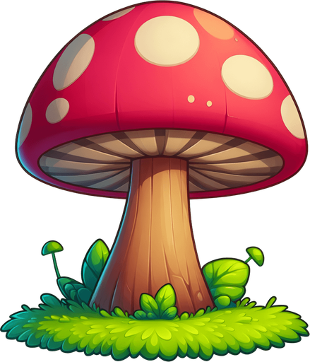 Generate a cartoon-style giant mushroom obstacle for a helicopter game. It should be colorful, exaggerated in size, and fun in appearance, with a thick stem and a big cap. Use soft shadows and vibrant tones..
Single Game Texture.  In-Game asset.  2d.  Blank background.  High contrast.  No shadows