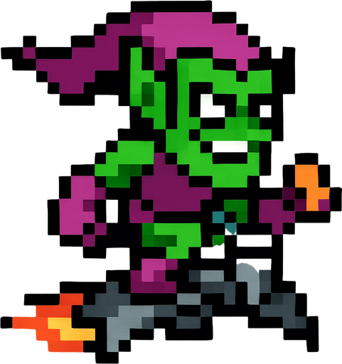 flying pixel art green goblin.
In-Game asset.  2d.  High contrast.  No shadows
