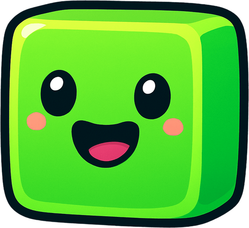 happy green cute cube sprite.
In-Game asset.  2d.  High contrast.  No shadows