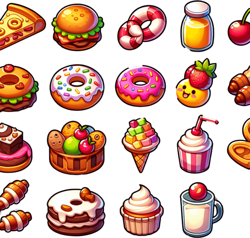cartoon food.
Single Game Texture.  In-Game asset.  2d.  Blank background.  High contrast.  No shadows