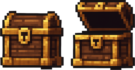 An old treasure chest with a lid open and lid closed version. From straight on view. Retro pixelated art..
In-Game asset.  2d.  High contrast.  No shadows