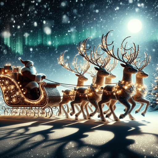 Santa's sleigh with reindeers. profile view