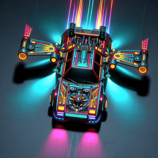 Neon cyberpunk flying car.
Single Game Texture.  Blank background.  High contrast.  No shadows. Top-down