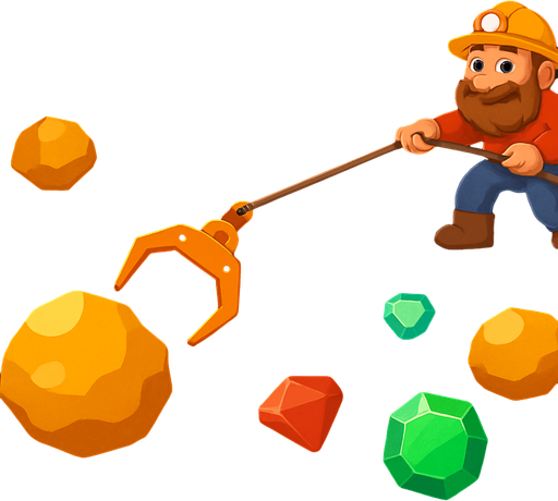 Fullscreen modern App Store landscape banner, 16:9, high definition, for a game titled "Gold Miner Classic" and with the description "Control a swinging claw to grab gold and gems from underground. Collect enough gold before time runs out to win each level.". No text on banner!