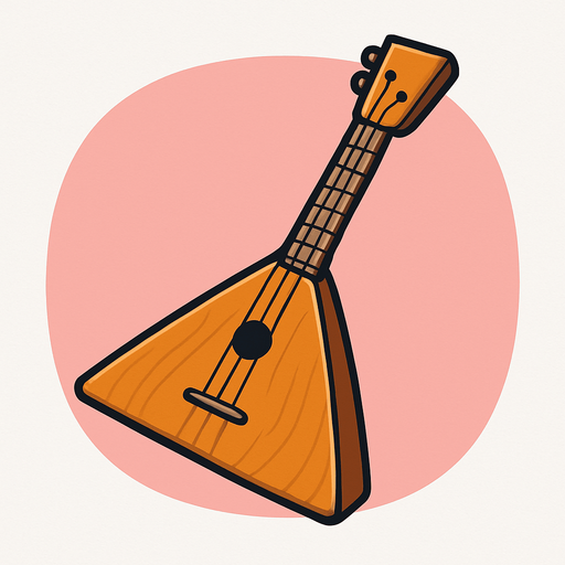 A detailed yet simple 2D illustration of a traditional Russian balalaika. The instrument should have a triangular wooden body, three strings, and a long, narrow neck. Style it in cartoon or flat vector format with soft shadows and bold outlines. Use warm wood tones (orange/brown), and make sure the shape is iconic and easily recognizable. Designed for mobile game use. Export as a transparent PNG, suitable for placing in quizzes or instrument selection scenes.. rounded background with pink
In-Game asset.  2d.  High contrast.  No shadows