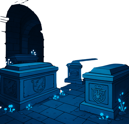 A sacred royal crypt deep underground, stone tombs with carved family crests, faint blue glow from fungi, complete silence.
In-Game asset.  2d.  High contrast.  No shadows