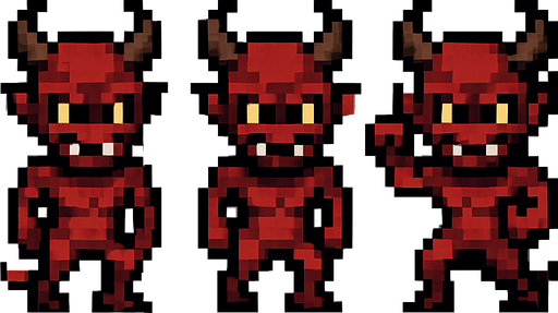 A sprite sheet for a demonic imp.Two walking sprites alternating feet and one attack sprite. Straight forward frontal view. Imp is facing the camera. White background. Retro pixel art..
In-Game asset.  2d.  High contrast.  No shadows