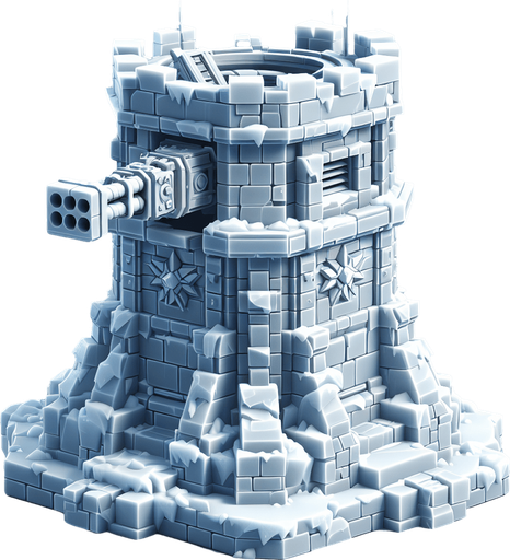 A turret tower built of ice blocks. Front view perspective. Single Game Texture. In-Game asset. 2d. Blank background. High contrast. No shadows.