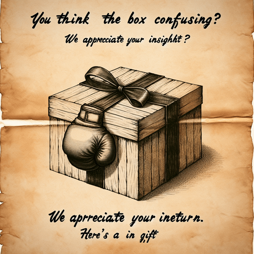 a pergament of a christmas present with a box glove trap. There is the text: "You think, the hit box is confusing? Thank you for your information. You get a present for this."