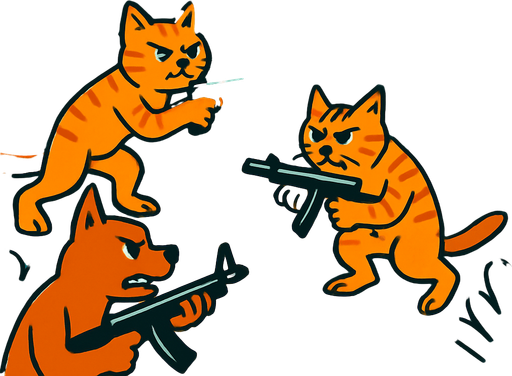 silahlı çaatışma içinde olan kediler ve köperklerle dolu bir orman.
In-Game asset.  2d.  High contrast.  No shadows