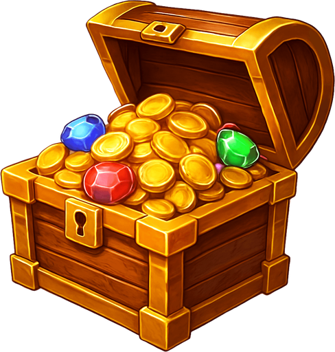 Crea un asset para el símbolo 'S' (Scatter) de Megaways: un Cofre del Tesoro o Bolsa de Dinero.
Un cofre del tesoro abierto, desbordando monedas de oro y joyas, o una bolsa de dinero con el signo '$'. Debe ser visualmente atractivo y sugerir una recompensa. Colores dorados, marrones y brillantes. Estilo de casino de aventura. Fondo transparente. Símbolo de bonificación.
In-Game asset.  2d.  High contrast.  No shadows