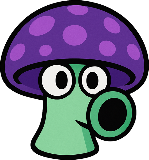 Sombrero Púrpura: Tiene un sombrero grande y redondo de color púrpura oscuro o violeta, con manchas o puntos de un púrpura ligeramente más claro.

Tallo Verde Claro: Su tallo es corto y robusto, de un color verde claro o menta.

Ojos Grandes y Boquilla: Posee dos ojos grandes y redondos, y una "boca" o boquilla prominente en el frente, de color verde oscuro, desde donde expulsa sus proyectiles..
In-Game asset.  2d.  High contrast.  No shadows