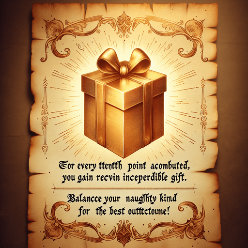 a pergament with a golden present at top, at the bottom there is the text: "Each tenth point you have the change to get a super Present, make sure naughty points are equal to kind points"