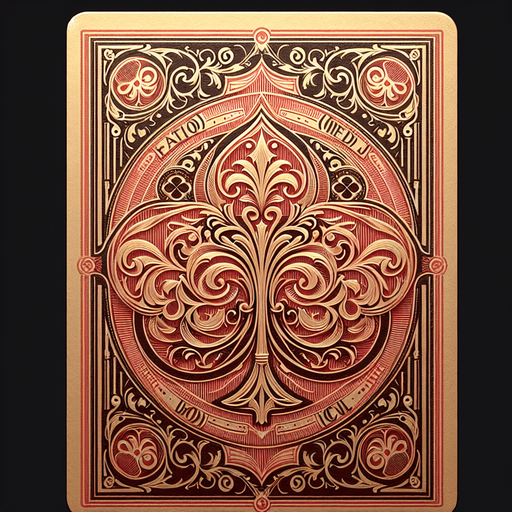 The back of a card. It's a faded red color and features a beautiful gold Edwardian design. The cards look slightly old, as if used for many years..
Single Game Texture. In-Game asset. 2d. Blank background. High contrast. No shadows.
