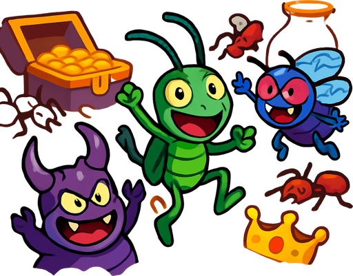 When the evil insects win, they celebrate by swimming in piles of gold coins. Cartoonish, colorful, and fun scene. In the background, defeated allied ants and the lost treasure atmosphere. Filled with vibrant colors and animated details..
In-Game asset.  2d.  High contrast.  No shadows