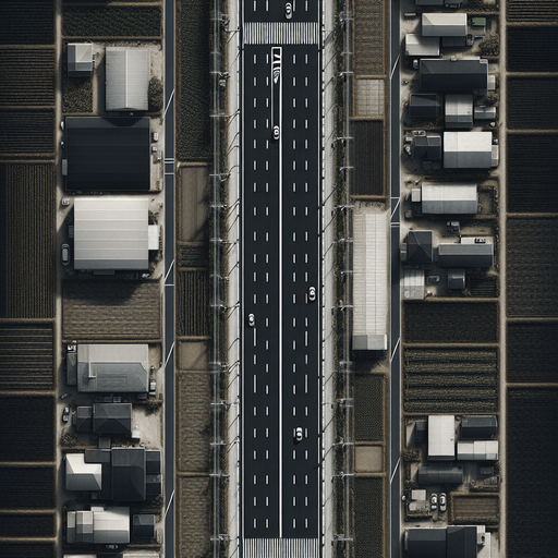 1. **Description Précise** : Je souhaite une représentation d'une route composée uniquement de l'asphalte, sans les éléments habituels qui délimitent les côtés de la route, tels que les trottoirs, les bordures, ou les lignes de démarcation latérales.

2. **Couleur et Texture** : Je souhaite que cette route soit de couleur noire. La texture est celle du goudron.

3. **Éléments de la Route** : Il n'y a pas de panneaux, juste un marquage centrale réglementaire blanc de délimitation entre le cote droit et le cote gauche. Il y a aussi 
 les marquages latéraux composés d'une ligne continue blanche réglementaire.

4. **Perspective et Dimension** : Je souhaite une vue de dessus, pas de perspective en 3D, ni de  vue en angle. Le sens est vertical, c'est à dire qu'on parcours la route en partant du haut vers le bas de l'écran. La largeur est quatre fois moins grande que la hauteur. La largeur de la route en haute l'écran est la même que la largeur en bas de l'écran.

5. **Contexte et Environnement** : il s'agit d'une route de campagne seule. On la regarde d'en haut et on ne voit que la route. L'image de la route commence et fini au bord de la route sur les quatre cotes..
Single Game Texture. In-Game asset. 2d. Blank background. High contrast. No shadows.