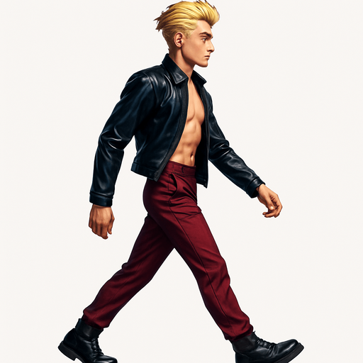 Same pose Limb positions variations, Front arm in front of body, front leg extended behind, back leg in front, limbs positions swapped, Swishy graceful man Cyberpunk manga, side profile view walking animation, shiny black leather biker jacket longsleeves shirtless Skinny abs blonde pompadour guy, wine red joggers combat boots, Background removed, "Full-body character, entirely in frame, no cropping of face, head, or feet" "Complete character visible, from head to toe, fully centered in the image" "Entire character, including face and boots, fully within the frame" Character fully contained within a square frame, no edges cut off fashion model idle pose