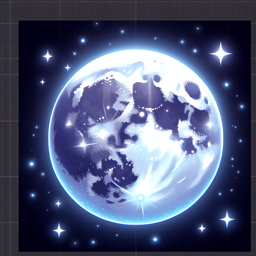 Shining fullmoon.
Single Game Texture. In-Game asset. 2d. Blank background. High contrast. No shadows.