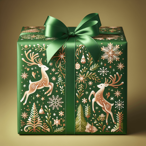 Green Christmas wrapped box with deer designed, front view.