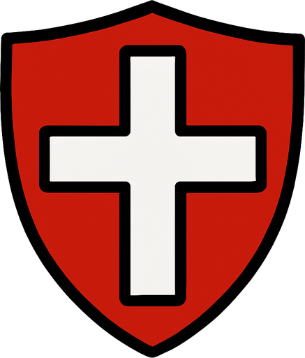 a red shield with a white cross on it.
In-Game asset.  2d.  High contrast.  No shadows