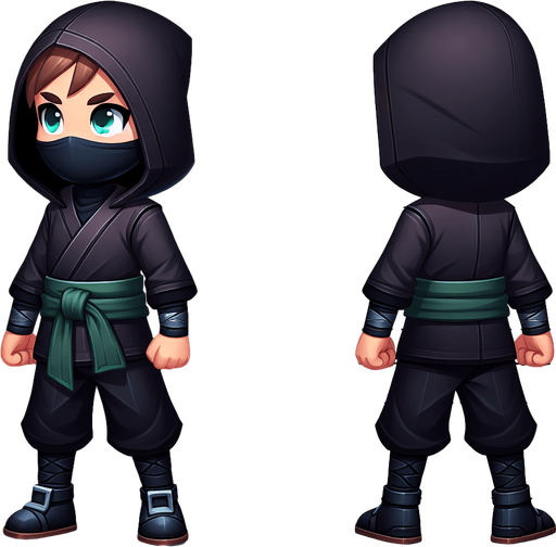 A ninja kid thief, full body, with a dark green hoodie.
Single Game Texture. In-Game asset. 2d. Blank background. High contrast. No shadows.